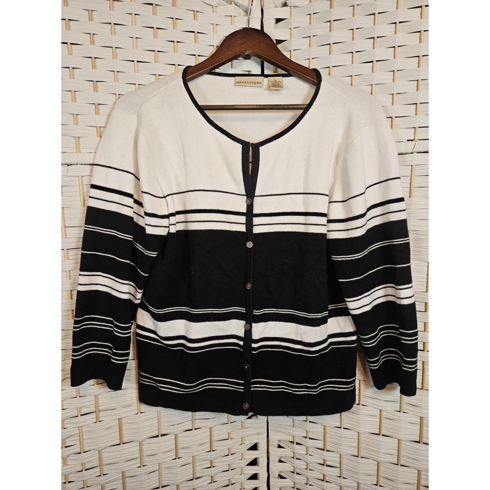Apostrophe Womens Large Black & White Cardigan Sweater Preppy Cottagecore